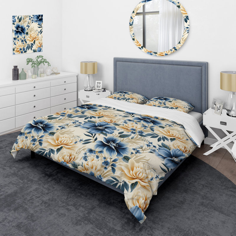 Literie Blue and White Flowers Retreat IV, Housse de couette pour grand lit et 2 taies décor