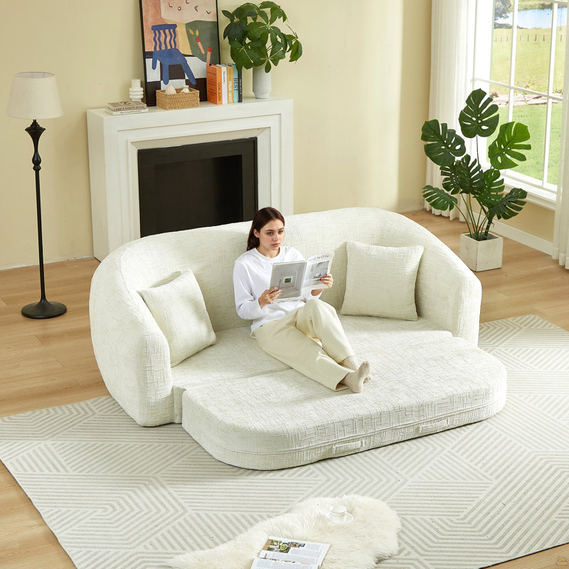 Canapé inclinable convertible incurvé de 87 pouces, canapé-lit 2 en 1 escamotable, avec base coulissante et siège profond, comprend deux coussins, fauteuil inclinable en chenille, aucun assemblage requis, beige