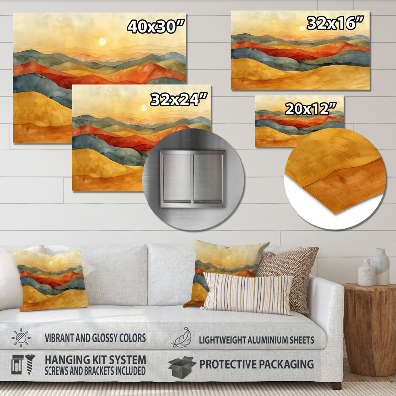 Orange Yellow Abstract Mountain Landscapes - Landscape Mountains Wall Art, No Frame Metal, 12" H x 20" W x 1" D