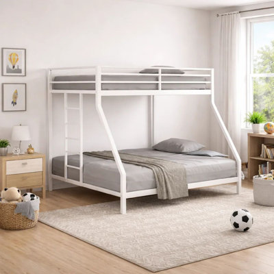 Ady Low Profile Twin Over Full Bunk Bed With Ladder, White Metal Frame