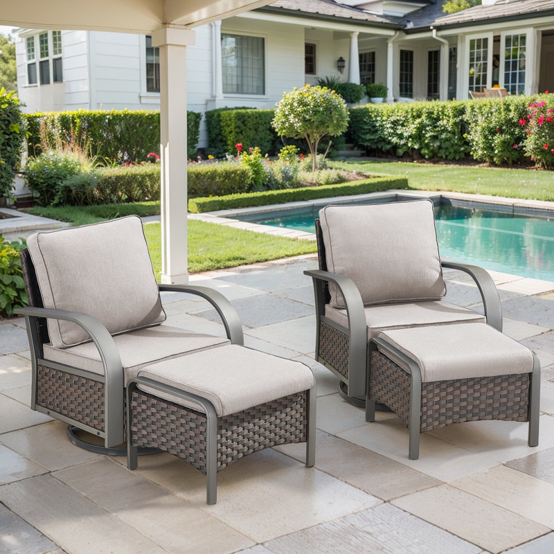Bobra Outdoor Wicker Rattan Swivel Rocking Patio Chairs With Cushions And Ottomans, Beige