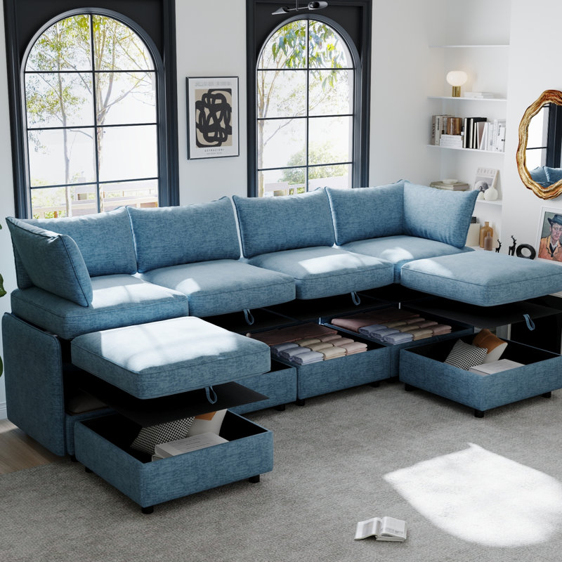 Canapé-lit modulaire convertible à 6 places, rangement sous le siège, tissu en chenille bleu antique, dossier à ressorts ensachés et coussins confortables
