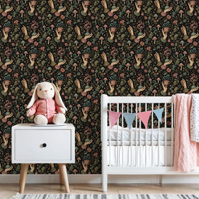 Peel and Stick Wallpaper Vintage Botanical Hands Keys Mushrooms Floral Motifs Black Contact Paper Removable Self Adhesive Wall Mural Wall Decor for Bedroom Kitchen Cabinets 24in x 118in