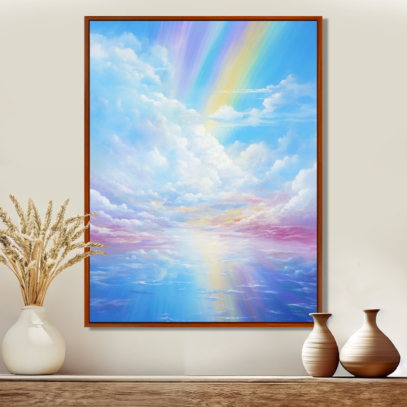 Rainbow In Pink Clouds Blue Sky - nuages, art mural, Toile avec cadre flottant brun, H 32 po x l 16 po x P 1 po
