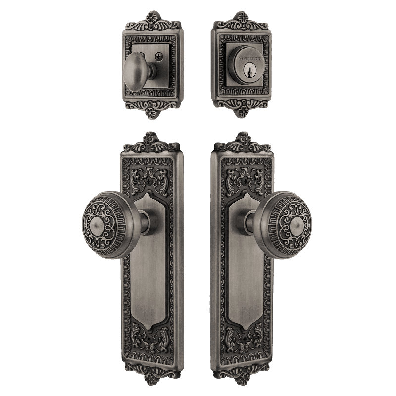 Nostalgic Warehouse Egg & Dart Entry Set with Egg & Dart Knob, Antique Pewter, 2.75