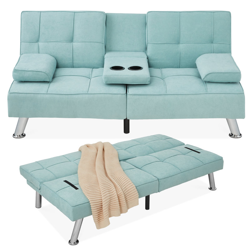 Latsia Modern Linen Convertible Futon Sofa Bed w/ Removable Armrests, Metal Legs, Cupholders, Aqua