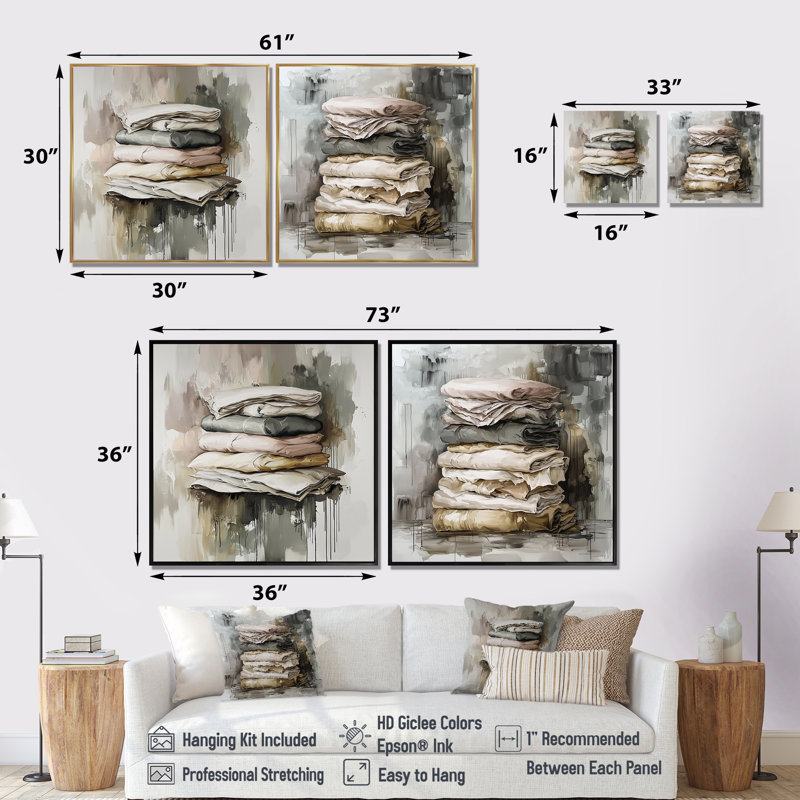 «Gray Minimalist Folds Laundry I», art mural - ensemble d'art mural moderne 2 pièces, H 36 po x l 73 po, Toile tendue