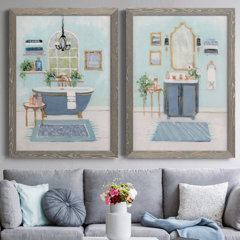 «Blue Bath I», peinture sur toile 2 pièces, Cadre gris, H 24 po x l 20 po x P 1 po