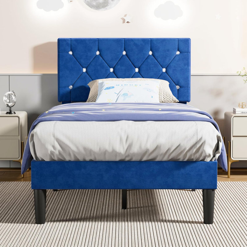 Twin Size Bed Set Upholstered Platform With Adjustable Diamond Tufted Headboard, Blue