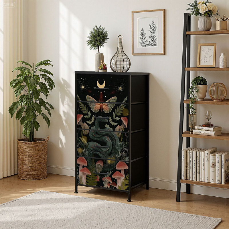 4 Drawer Vertical Storage Dresser magical forest elements snake night mushrooms plant space elements with Wood Top &amp; Fabric Pull Drawers
