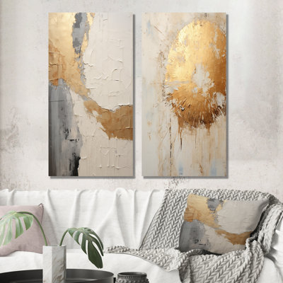 Gold And Beige Paint Fusion - Abstract Painting Canvas Prints Set Of 2