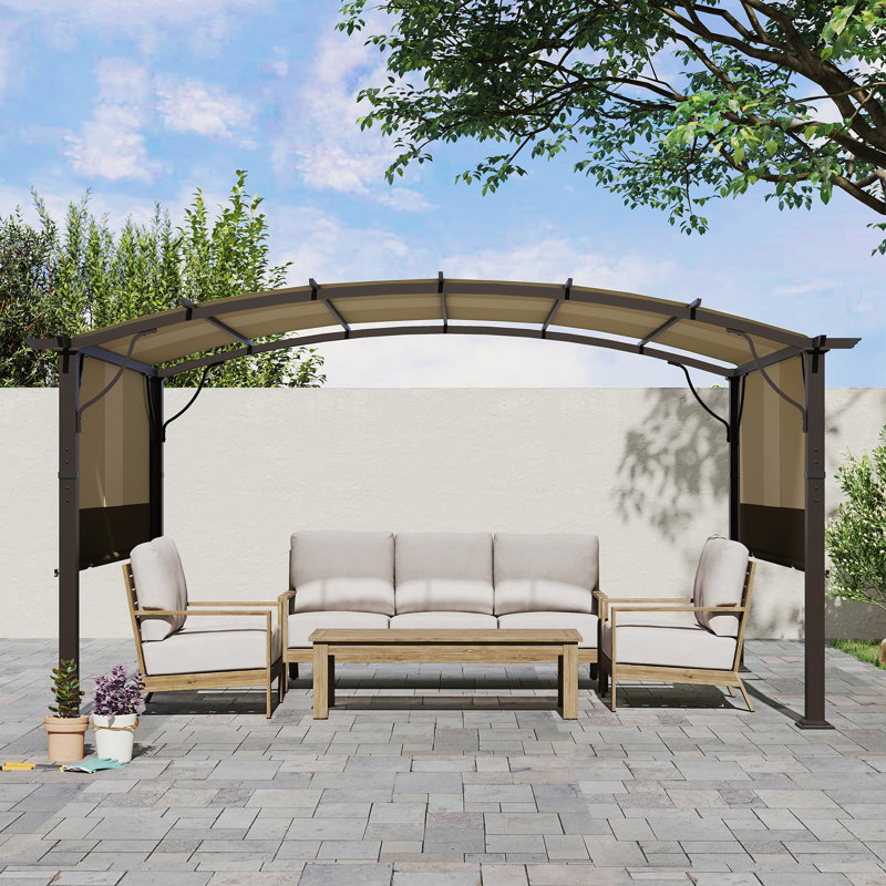 Aluminum Outdoor Pergola with Slightly Arched Canopy and Retractable Shade, 13.15 ft x 9.1 ft, Brown