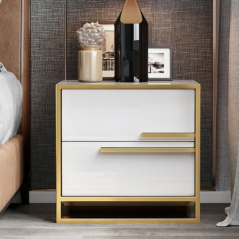 Table de chevet 19,7 po moderne à 2 tiroirs blanc / doré, table de chevet, Blanc