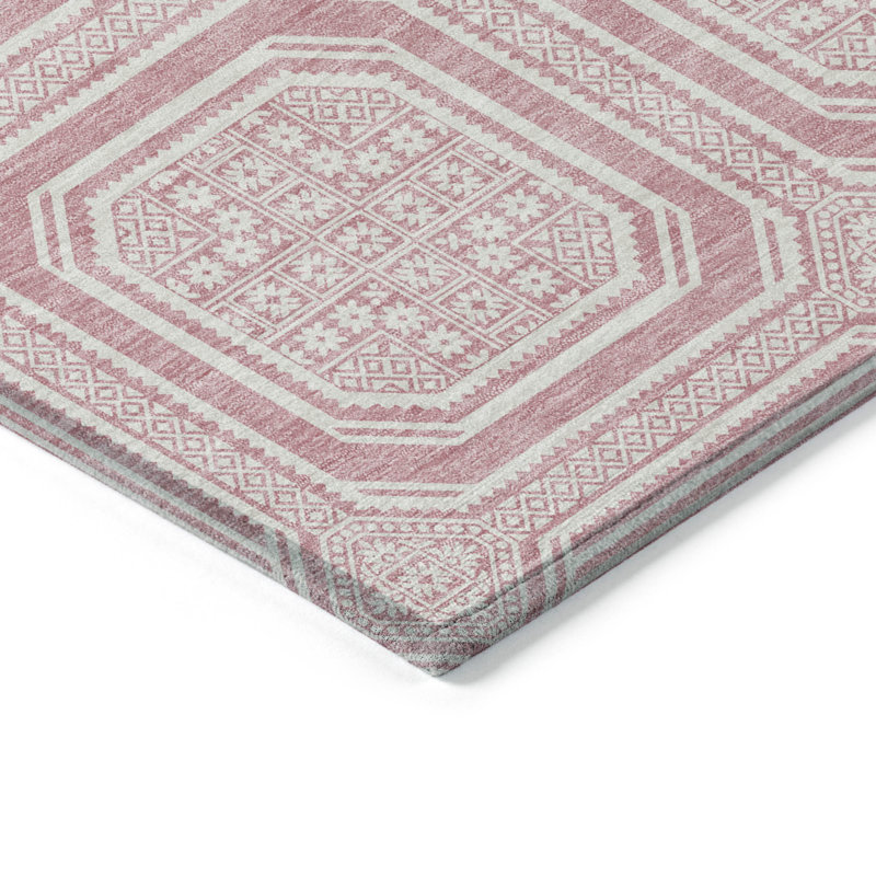 Pink and White Rectangular Washable Synthetic Rug
