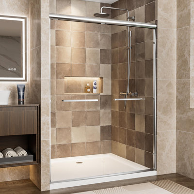 Aluminum Frame Double Sliding Shower Door, 1/4" (6mm) Clear Tempered Glass With Explosion-proof Film, Dual Stainless Steel Handles