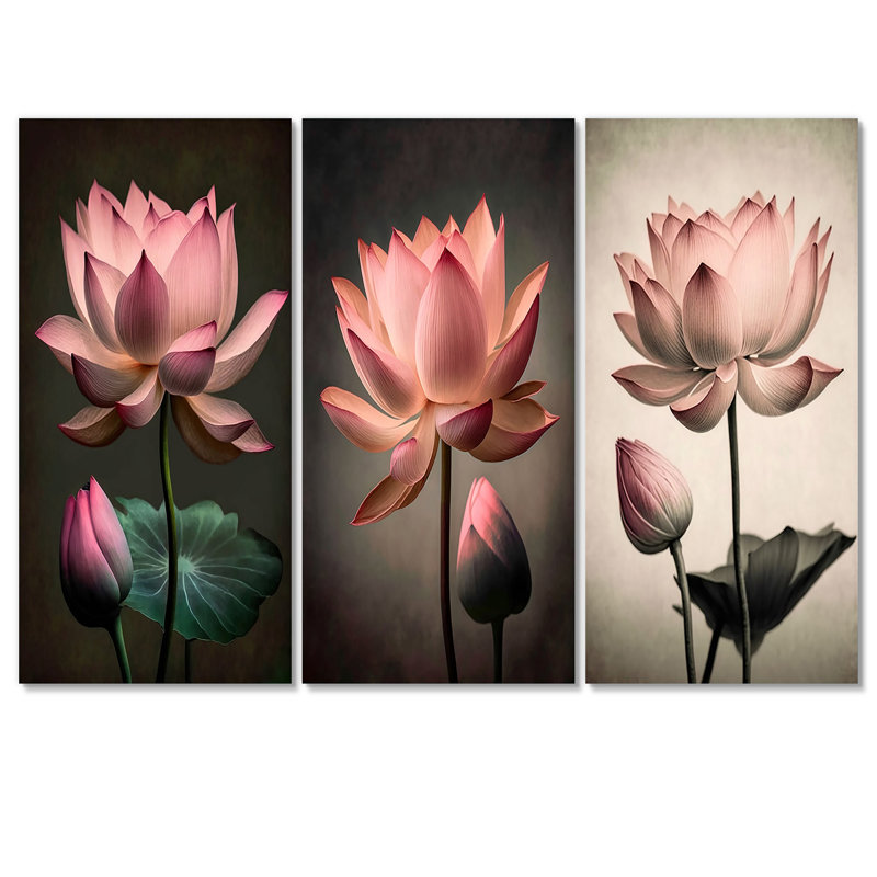 Fleur de lotus rose rétro 3 pièces, H 28 po x l 36 po x P 1 po