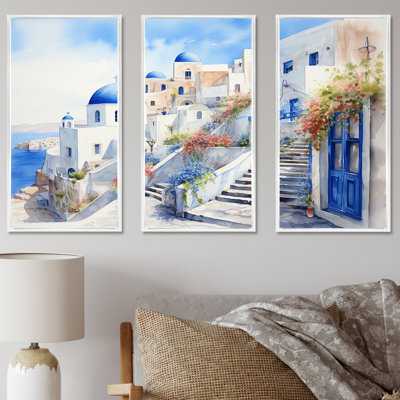 «Blue and White Santorini Village I», art mural Grèce