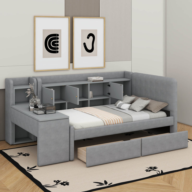Twin Size Upholstered Daybed With Drawers, Shelves & Side Table, Gray