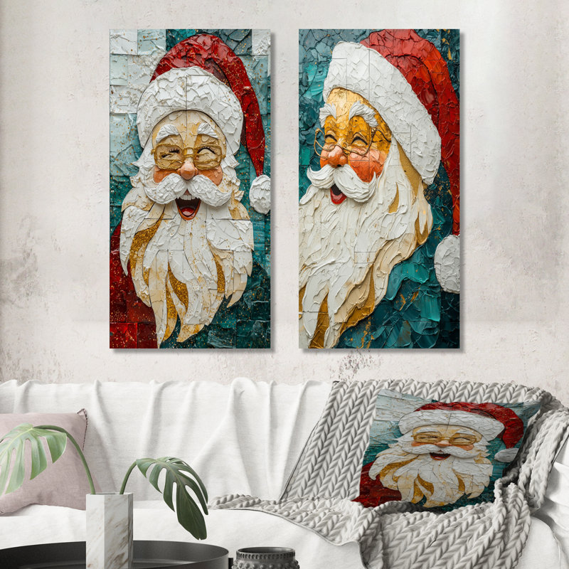 «Santa's Christmas Jolly Laugh I» - ensemble d'art mural de Noël père Noël 2 pièces, H 32 po x l 32 po, Toile tendue