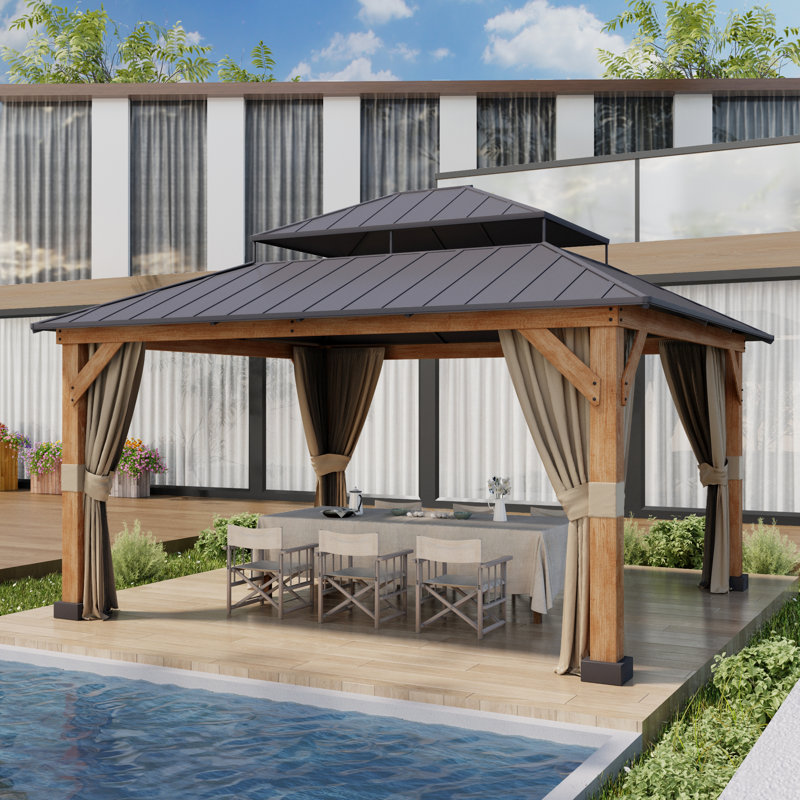 15 ft. x 13 ft. Wood Grain Aluminum Double Galvanized Steel Roof Gazebo with Ceiling Hook,Mosquito Netting and Curtains