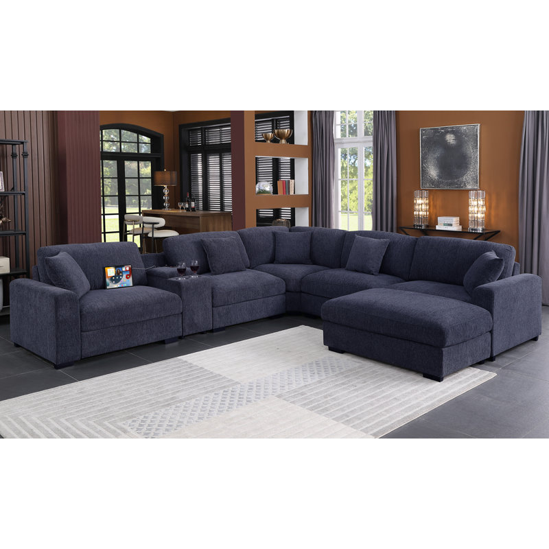 Canapé modulaire d'angle rembourré moderne avec consoles, H 36 po x l 137,5 po x P 124 po, Chenille bleu foncé