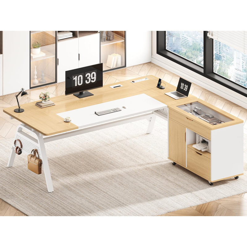 Redus L-Shaped 3-Drawer Executive Desk, Oak/White