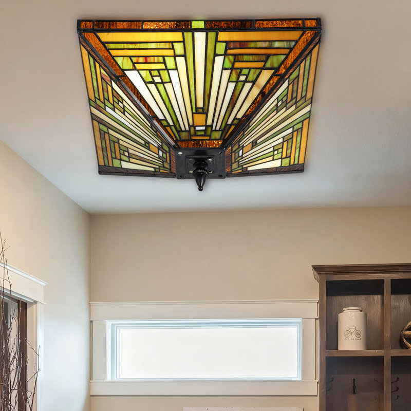 14" Retro Painted Tiffany Style Square Half Ceiling Lamp Colored Glass Lampshade Double Head Design Includes Bulb