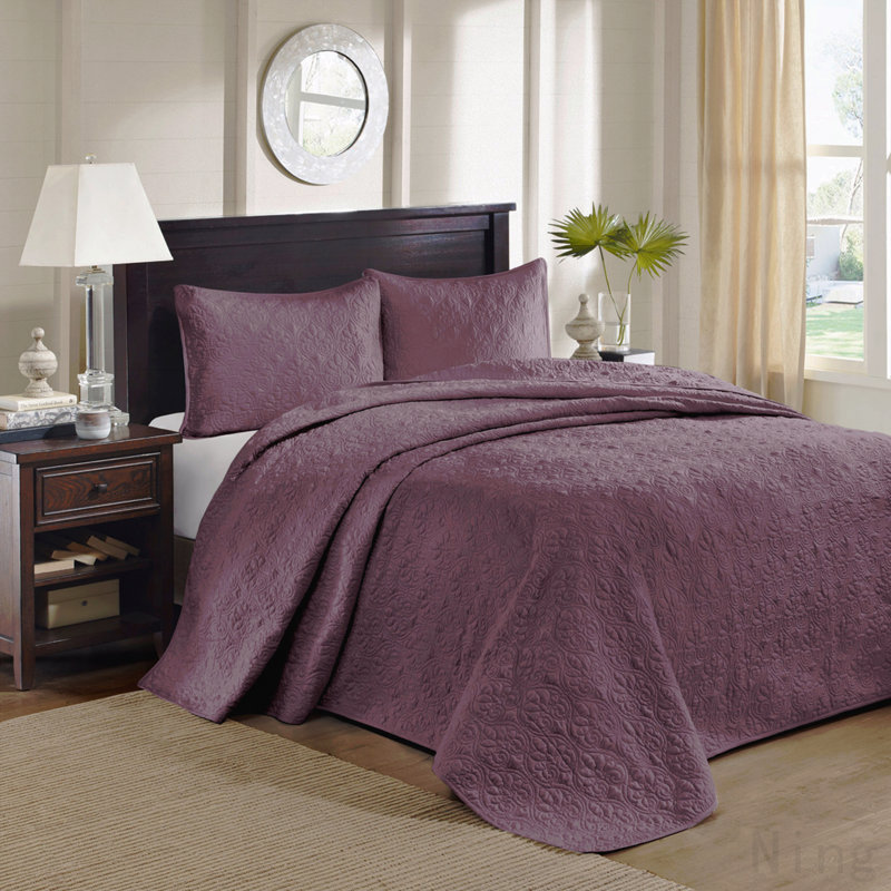 Ensemble de couvre-lit réversible mauve grand, Couvre-lit de grande taille et 2 taies décorative, Mauve