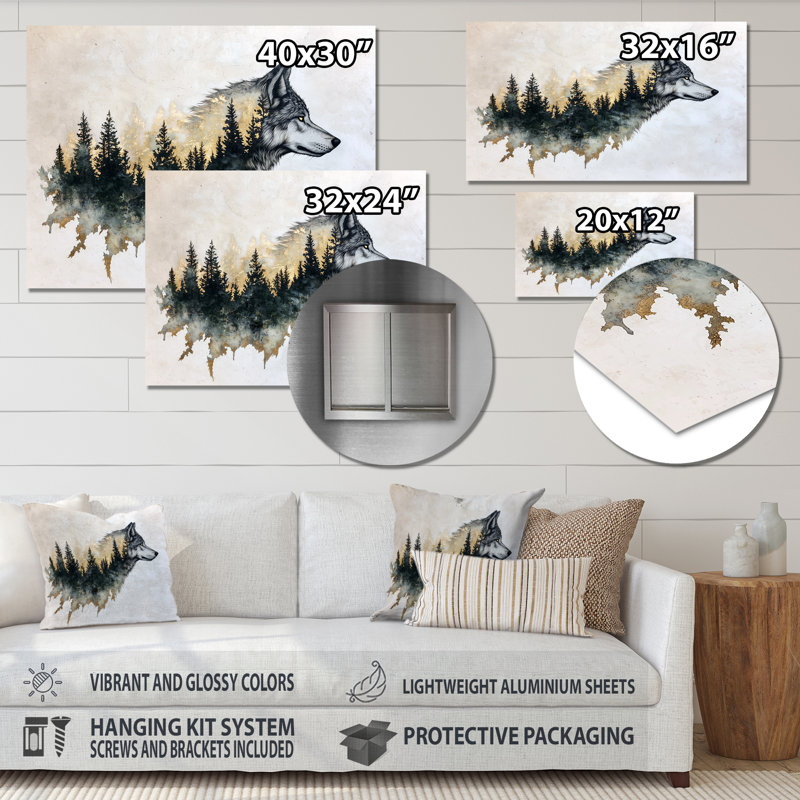Loup silhouette double exposition forêt - animaux, décoration murale en métal, loup, H 16 po x l 32 po