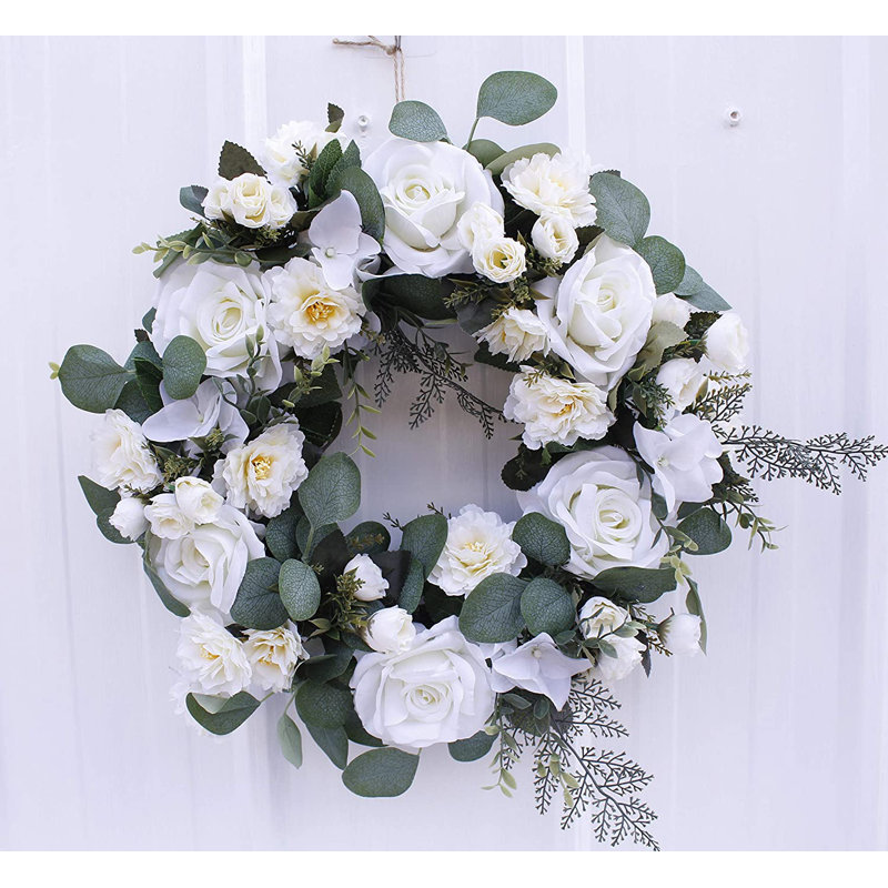 Couronne de roses artificielles faites à la main de 18 pouces Ansuma pour votre porte d'entrée, Blanc