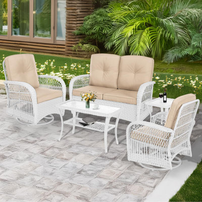 Winston Porter 5-piece Outdoor Patio White Wicker Conversation Sets, All Weather Outdoor Rattan Furniture Set Includes Glider Loveseat, 2 Coffee Table