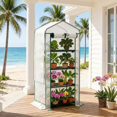 Upgraded Small Greenhouse with Double-Layer Roof & Four-Tier Shelves for Patio White