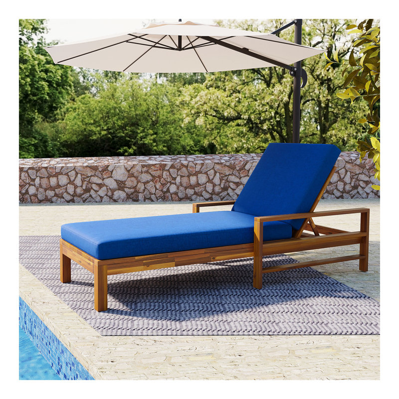 Acacia Wood Adjustable Backrest Outdoor Lounge Chair, Suitable For Gardens, Terraces, And Poolside Areas, Blue