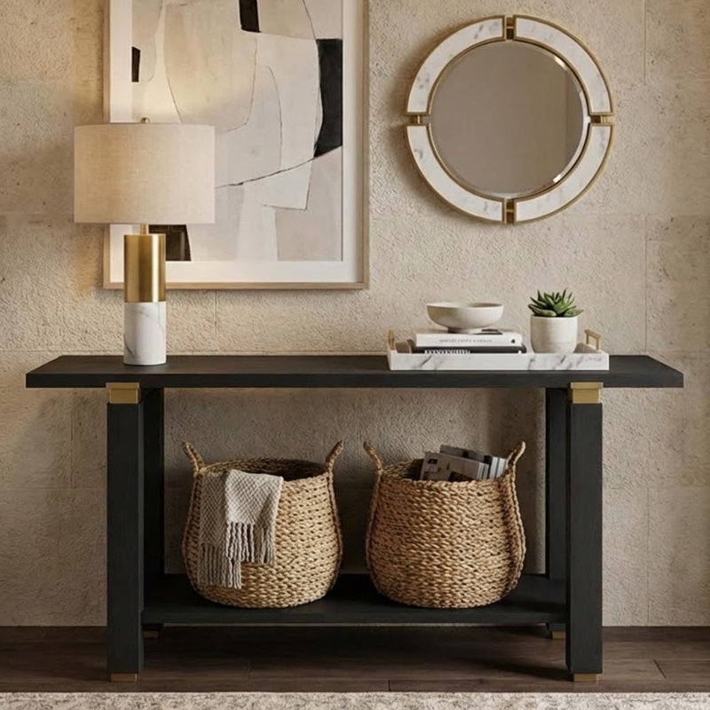 Console moderne avec pieds en pin massif et tablette de rangement ouverte pour le hall d'entrée et le salon, Noir