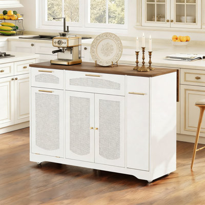 Rolling Kitchen Island Cart With Drop Leaf Breakfast Bar, Tilt-Out Trash Cabinet, Rattan Storage, Drawer, And Tower Rack - Mobile Kitchen Workstation
