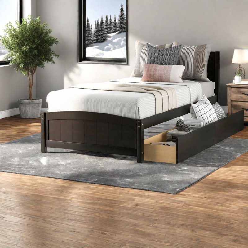 Lit simple en bois compact avec tiroirs de rangement, espresso moderne