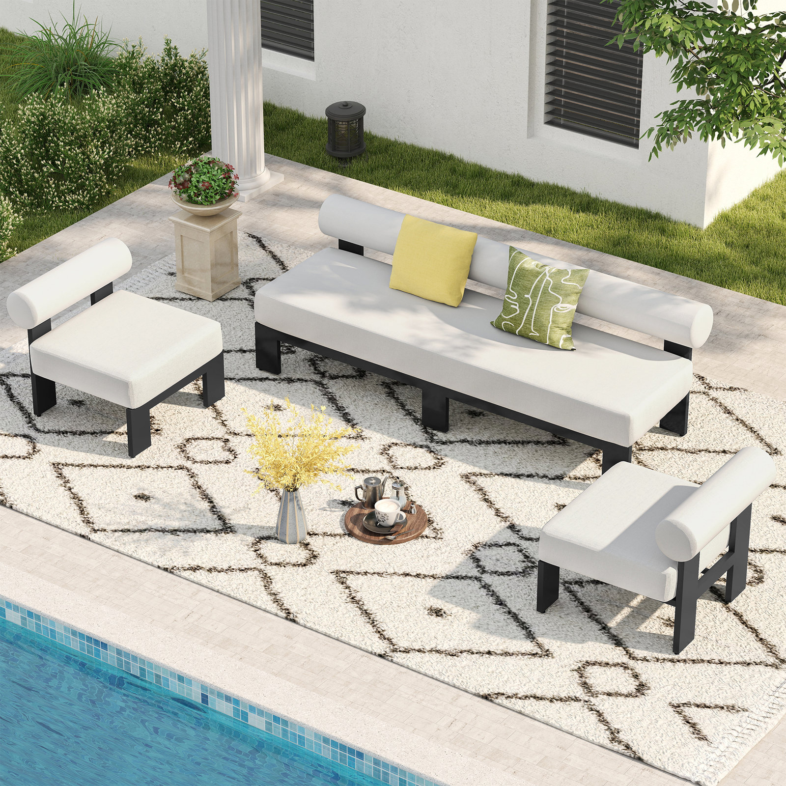 Chaz 3 Piece Black Aluminum Bolster Back Patio Conversation Set with Cushions