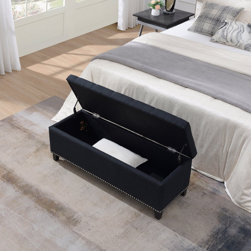 Pouf de rangement de 120 cm, banc de rangement avec charnières de sécurité, pouf capitonné en lin pour salon, entrée, couloir, repose-pieds, supporte jusqu'à 227 kg - Noir