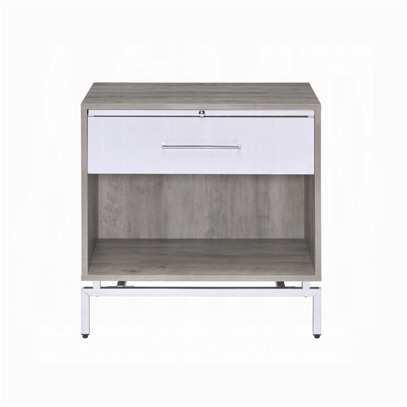 Contemporary Two-Tone Drawer Nightstand with Open Shelf and Pull Tray, Ideal for Bedroom Storage and Organization.