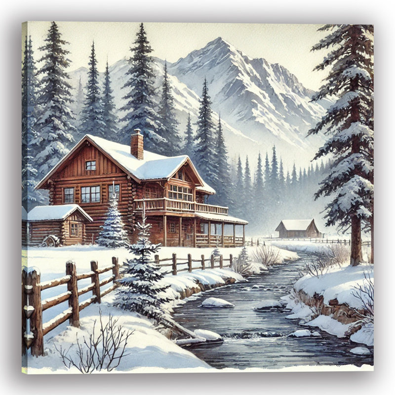 «Winter Cabin Escape: Snowy Mountain Landscape», art mural sur toile tendue, H 20 po x l 20 po x P 1,5 po