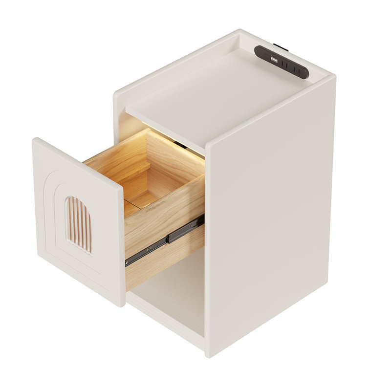 Table de chevet en cerisier rustique et étroite avec capteur et port USB, Blanc