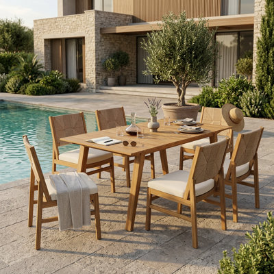 Ensemble de salle à manger d'extérieur 7 pièces en bois d'acacia avec chaises et coussins en osier