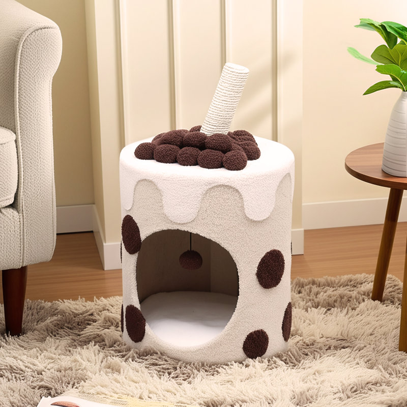 Djimon 26" Boba Tea Cup Cat Tree Integrated Cat Bed with Milk Tea Cup Style, Large Cat Tower Condo