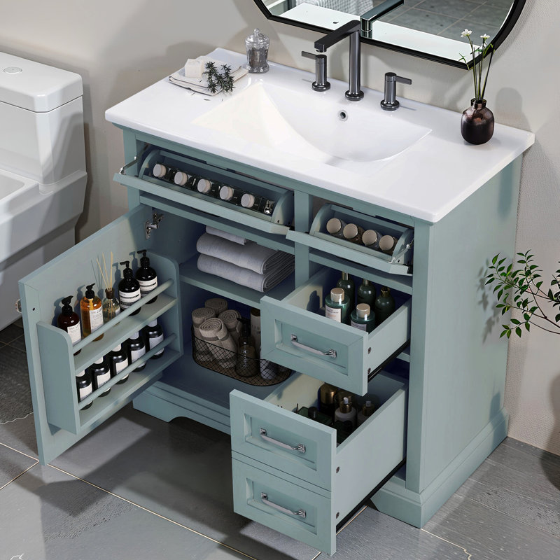 Meuble-lavabo moderne gris de 36 pouces avec lavabo encastré en céramique imperméable, charnières à fermeture en douceur, 2 tiroirs basculants, tablette coulissante réglable pour la décoration de 36 po avec fonction et bois massif