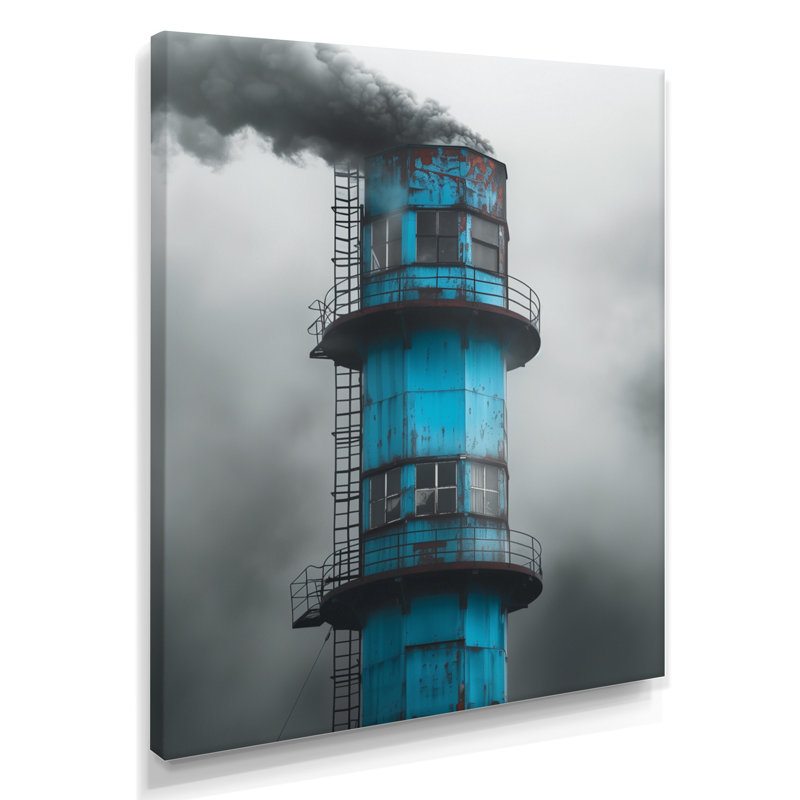 Monochromes bleu gris usine tour - usines murales salon d'art, Toile tendue, H 32 po x l 24 po x P 1 po