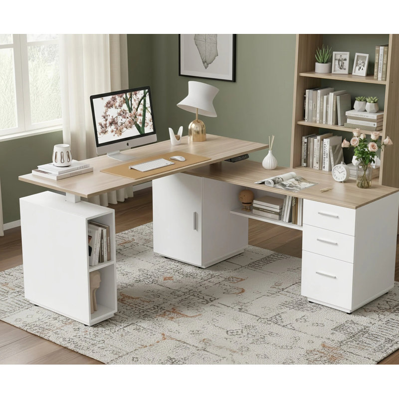 63" L Shaped Office Electric Standing Desk with File Cabinet and Storage Shelves, Light Walnut/White
