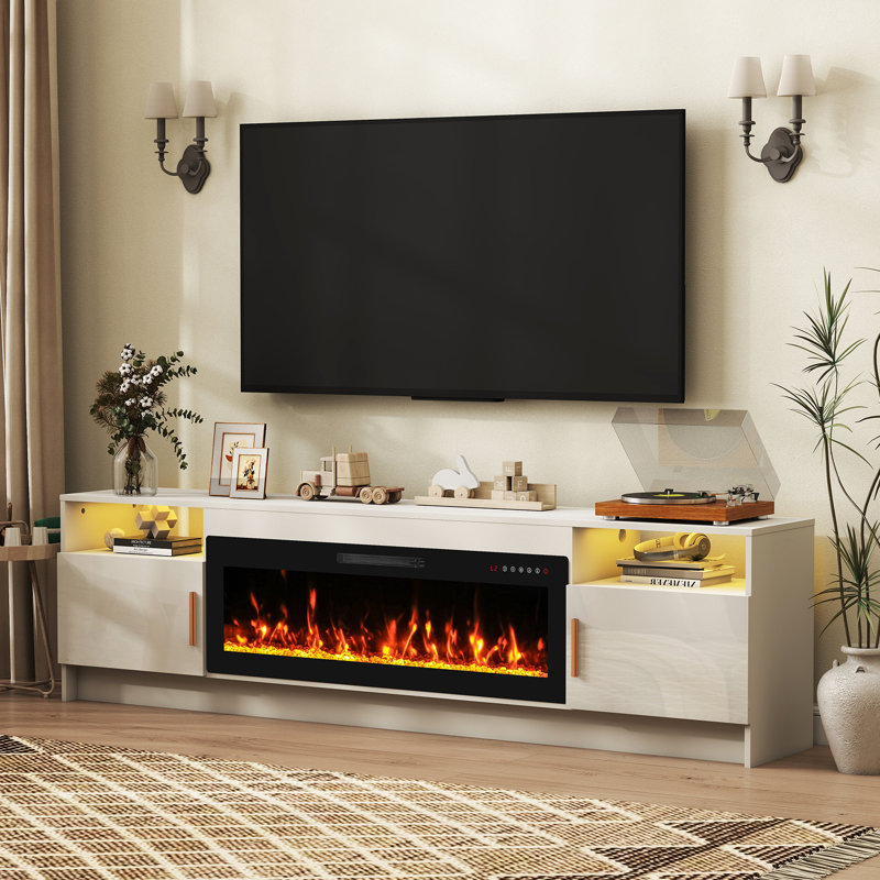 80" Fireplace TV Stand for TVs Up to 90" with 42" Electric Fireplace Heater LED Light Media Console Storage Cabinet, Gray Entertainment Center for Living Room