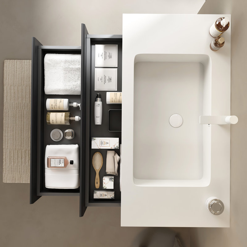 Rectangular Undermount Basin 36" Bathroom - White Solid Surface, Modern & Scandinavian Style, Scratch-, Wear-, Easy To Clean, Faucet Hole And Overflow, Sink Cover Expandable Drain Pipe Included,