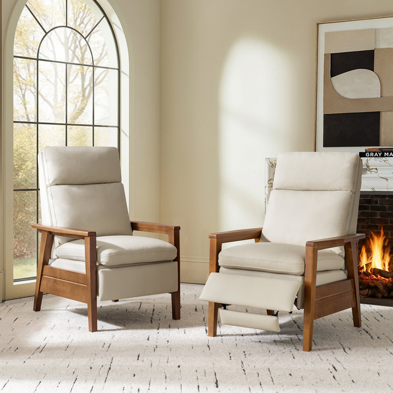 Gladys Mid-Century Modern Genuine Leather Pushback Recliner, Beige Genuine Leather