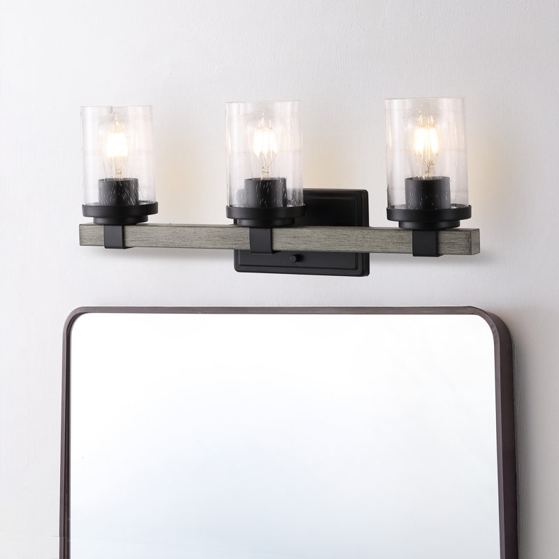 Borth Iron/Seeded Glass Rustic Farmhouse LED Vanity Light, 3 Lights, Matte Black/Gray Oak